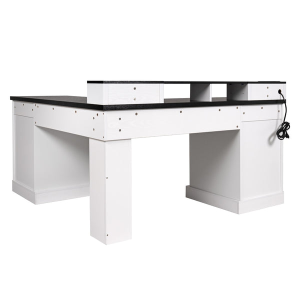 English Elm 59" Fluted Oak L-shaped Corner Desk with Charging Station Monitor Stand and File Storage White W2917S00004