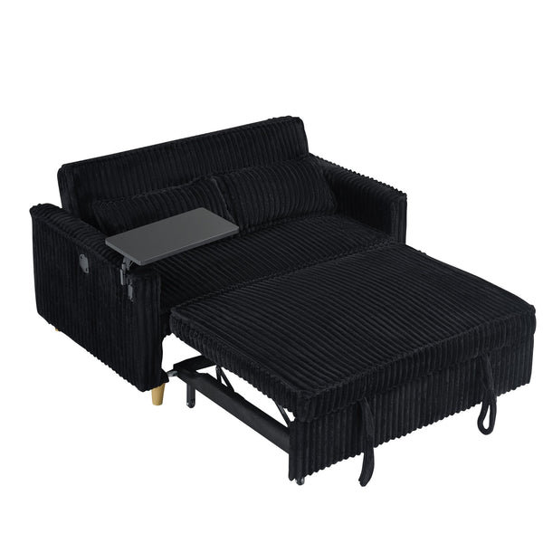English Elm The pull-out corduroy sofa bed with convertible tabletop and USB charging ports for living room comfort Black W1278P248131