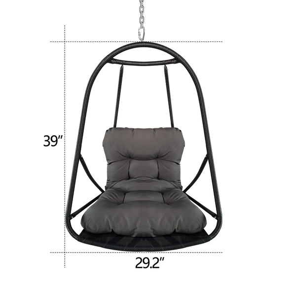 English Elm without Swing Egg Chair Rattan Hanging Patio Basket with C-Bracket, Foldable, Cup Holder, Cushions, Durable Metal Frame Black W2707P388615