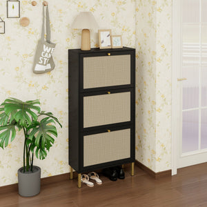 English Elm Rattan 3 Door Shoe Rack with Metal Base and Anti-Slip Feet, Double Shelf Storage for Entryway Black W688P211263