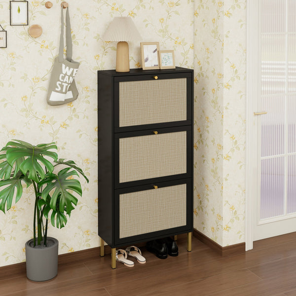 English Elm Rattan 3 Door Shoe Rack with Metal Base and Anti-Slip Feet, Double Shelf Storage for Entryway Black W688P211263