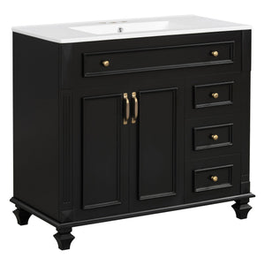English Elm 36" Modern Bathroom Vanity with Ceramic Sink, Gold Handles, Flip-Out Drawer & Soft-Close Doors Black N725P283623B
