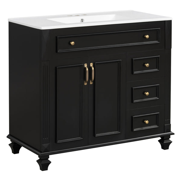 English Elm 36" Modern Bathroom Vanity with Ceramic Sink, Gold Handles, Flip-Out Drawer & Soft-Close Doors Black N725P283623B
