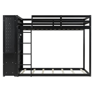 English Elm Twin Bunk Bed with Storage Drawers Hanging Rail Led Shelves and Pegboard Organizer Black LT000282AAB