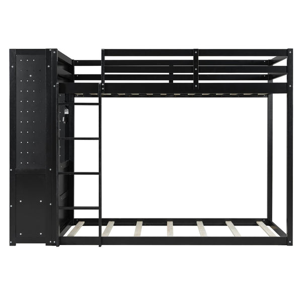 English Elm Twin Bunk Bed with Storage Drawers Hanging Rail Led Shelves and Pegboard Organizer Black LT000282AAB