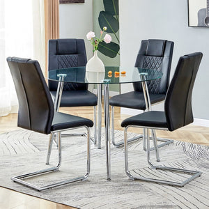 English Elm Table And Chair Set - Modern 38.6" Round Glass Dining Table With 4 Stylish Pu Chairs - Silver Legs W1151S03825-GIGA