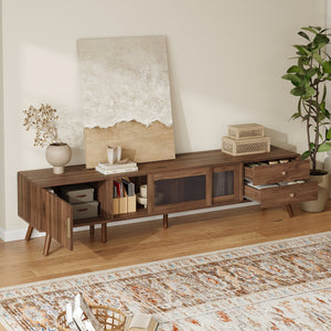 English Elm 76" Modern Minimal TV Stand with Waveform Glass Doors, Soft-Close Drawers, Cable Management, Solid Wood Legs (Fits TVs up to 85") N710P298234P