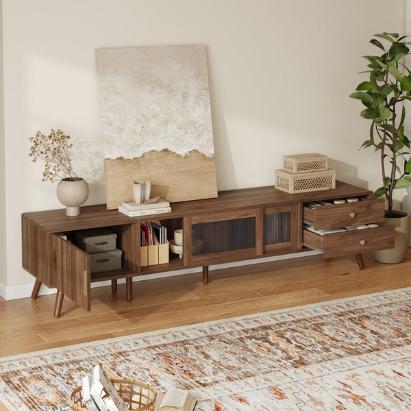 English Elm 76" Modern Minimal TV Stand with Waveform Glass Doors, Soft-Close Drawers, Cable Management, Solid Wood Legs (Fits TVs up to 85") N710P298234P