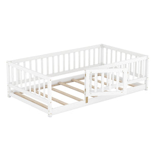 English Elm Twin Montessori Pine Floor Bed with Perimeter Fence Door and Slatted Base for Kids W1820P399071