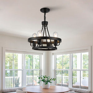 English Elm Four-light Wagon Wheel Pendant Matte Black Metal Industrial Plug-in Dining Fixture W2991P407027