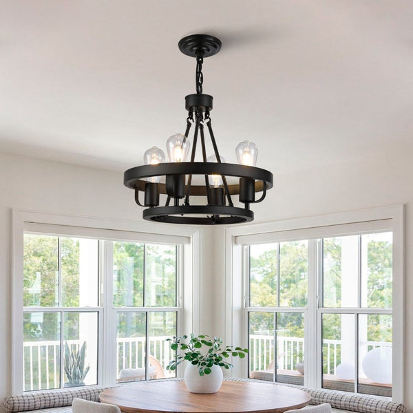 English Elm Four-light Wagon Wheel Pendant Matte Black Metal Industrial Plug-in Dining Fixture W2991P407027