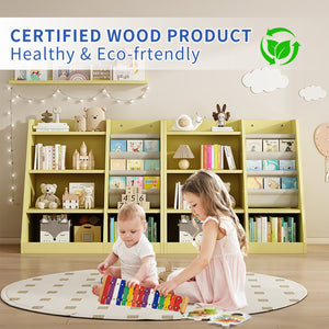 English Elm Yellow Toddler Wooden Bookcase with 4-Tier Sling Pockets Montessori Kids Storage Shelf for Playroom W2876P233539