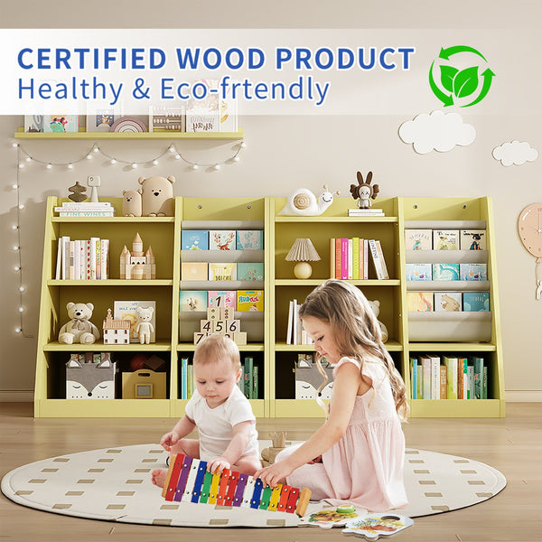 English Elm Yellow Toddler Wooden Bookcase with 4-Tier Sling Pockets Montessori Kids Storage Shelf for Playroom W2876P233539