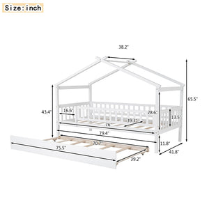 English Elm Twin House Bed Pinewood Frame with Roofline Design and Pull Out Trundle for Kids WF302178AAK