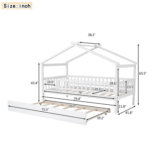 English Elm Twin House Bed Pinewood Frame with Roofline Design and Pull Out Trundle for Kids WF302178AAK