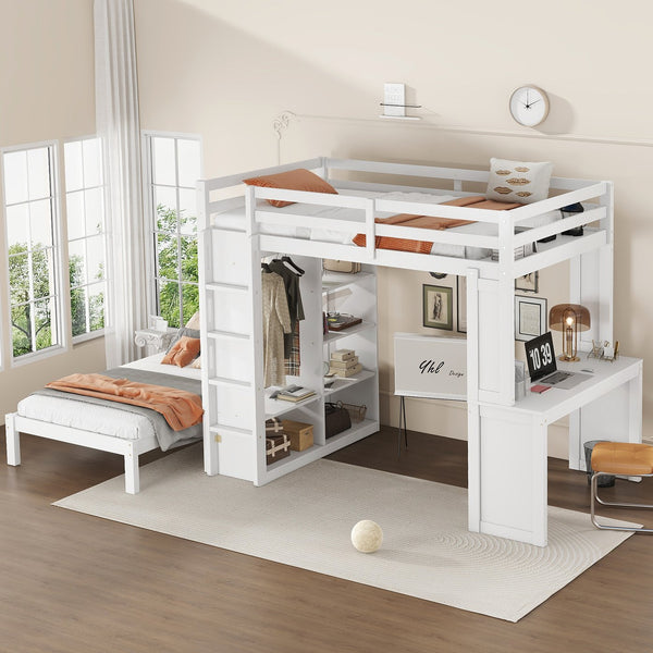 English Elm Full Solid Wood Loft Bed with Removable Lower Bed, Built-In Desk, Shelves & Wardrobe for Space-Saving Designs White W1580S00211