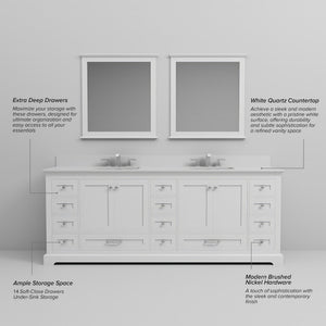 English Elm White 84" Double Bath Vanity with White Quartz Top, Soft-Close Drawers, 14-Drawer Storage & Mirrors B2731S00823