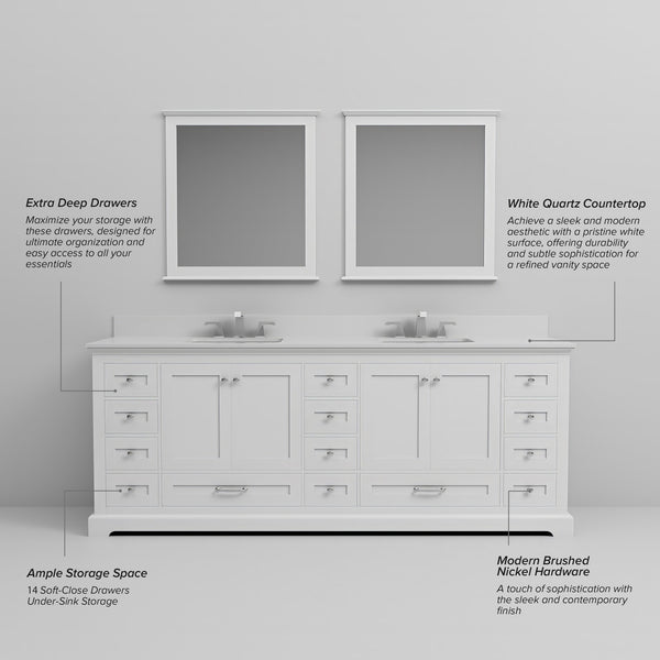 English Elm White 84" Double Bath Vanity with White Quartz Top, Soft-Close Drawers, 14-Drawer Storage & Mirrors B2731S00823