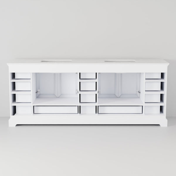 English Elm White 84" Double Bath Vanity with White Quartz Top, Soft-Close Drawers, 14-Drawer Storage & Mirrors B2731S00823