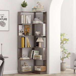 English Elm 6 Tier Freestanding L-Shaped Corner Bookshelf with Anti-Tip, Rounded Corners, 3D Wood Grain Finish Dark Brown W2899P372516