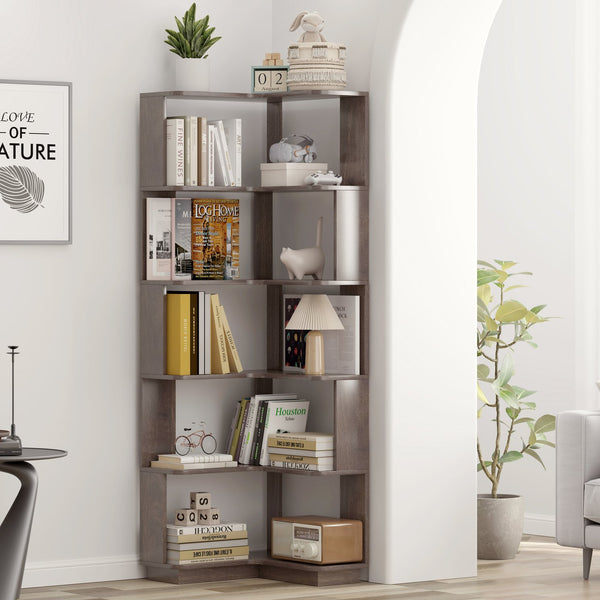 English Elm 6 Tier Freestanding L-Shaped Corner Bookshelf with Anti-Tip, Rounded Corners, 3D Wood Grain Finish Dark Brown W2899P372516