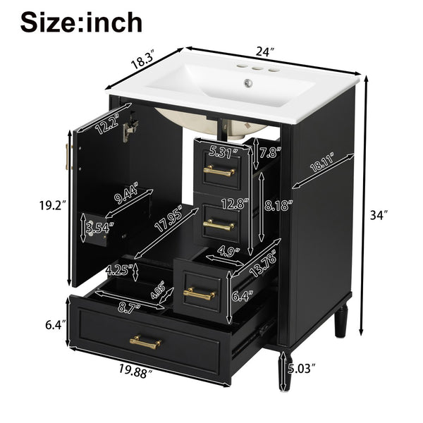 English Elm 24" Olive Bathroom Vanity Solid Wood Frame Ceramic Sink Gold Hardware Soft Close Black N729P373272B