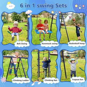 English Elm 6 in 1 Steel A-frame Backyard Swing Set with Climbing Net Trapeze Hammock and Hoop W1408P367263
