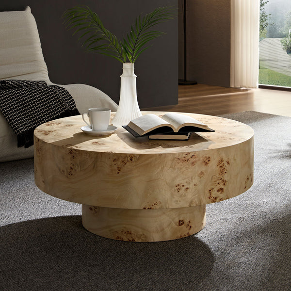 English Elm 31.49''Mid Century Modern Round Burl Coffee Table with Sturdy Pedestal, Compact 31.49" Table for Apartments W876P279838