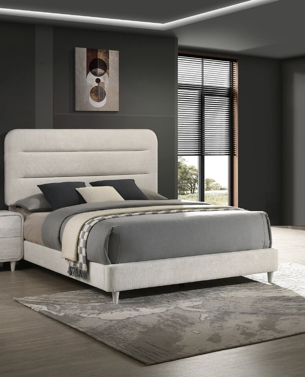 English Elm Plush Queen Size Upholstered Panel Bed with Sleek Lines and Neutral Palette for Elegant Bedrooms Antique White 85.7 L x 33.2 W x 11 H B2741S00440