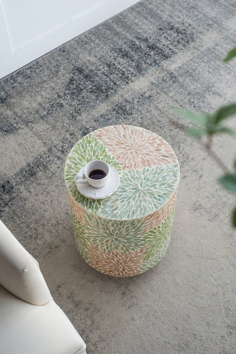 English Elm D14x18" Cylindrical Capiz Stool with Gold Base, Multicolored Pearlescent Finish — Vibrant Accent Table Seat W2078P290728