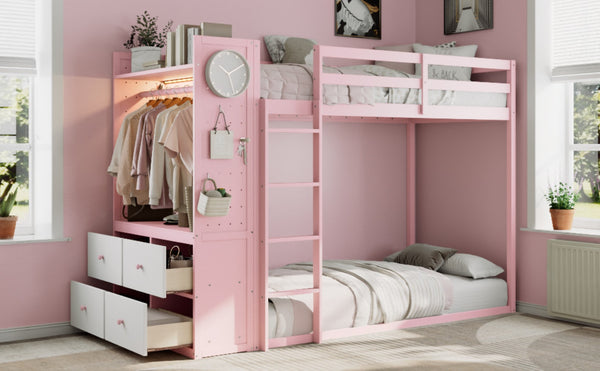 English Elm Twin Bunk Bed with Storage Drawers Hanging Rail Led Shelves and Pegboard Organizer Pink LT000282AAH