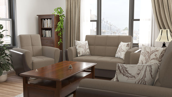 English Elm PrimeNest NimbusFlow Collection Upholstered Convertible Loveseat with Storage, Sleeper, Chenille Comfort Beige,Brown PU B030P281737