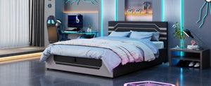 English Elm Modern Cyberpunk Queen Platform Bed Hydraulic Storage Pu Upholstered Gaming Frame Black+ Gray SF000205AAE