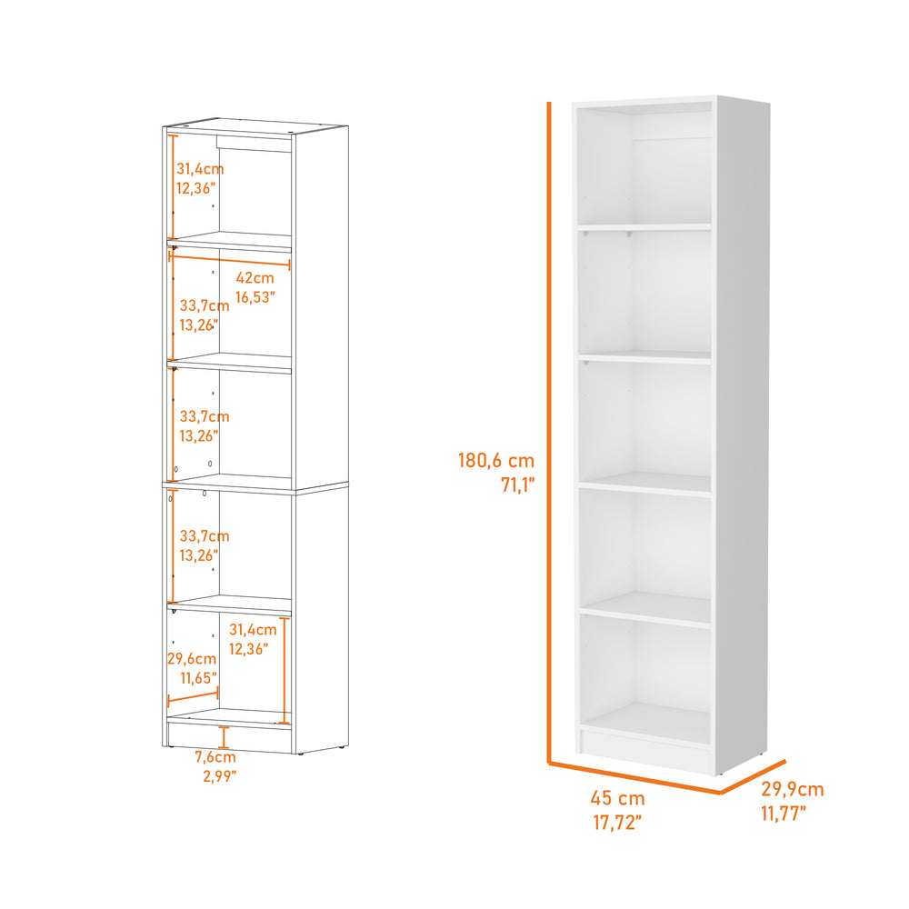 English Elm Sutton Slim Bookcase 5-Shelf White Particleboard — Space-Saving, FSC & CPSIA Compliant Design B128P176166