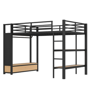 English Elm Full Size Loft Bed Frame With Integrated Wardrobe, Storage Shelves, And Pegboard For Smart Living W1580S00232