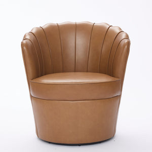 English Elm Light Brown Petal Swivel Chair — 360° Metal Base, Top-Grain Leather Wingback, Fluted Curve Accent Seat W570P375734