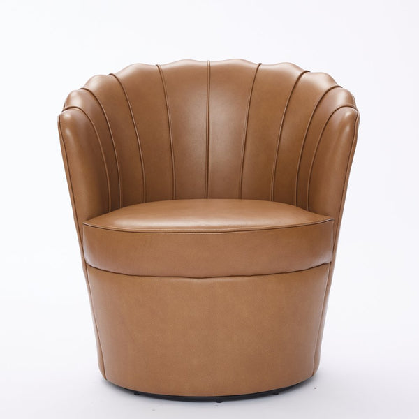 English Elm Light Brown Petal Swivel Chair — 360° Metal Base, Top-Grain Leather Wingback, Fluted Curve Accent Seat W570P375734