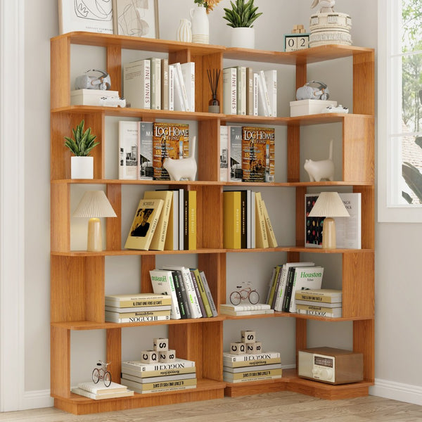 English Elm Set of 2 Modular Corner Bookcases L Shaped and I Space Saving Home Office Shelving Dark Oak W2899S00001