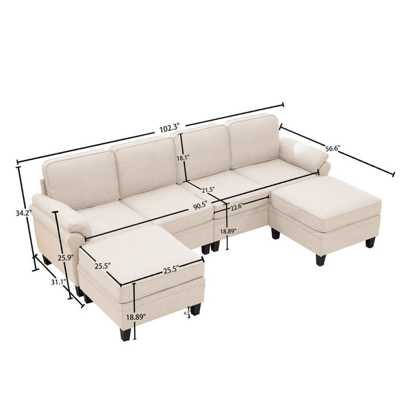 English Elm 102 Inch Linen Modular Sectional Sofa with Hidden Storage and Cloud Cushion Comfort Beige W1099S00210