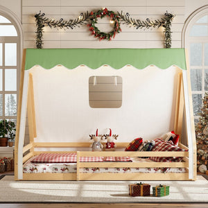 English Elm Twin Montessori Floor Bed Solid Pine Teepee Frame with Guardrails and Canopy Light Natural W1580P369468