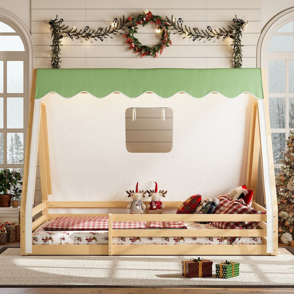 English Elm Twin Montessori Floor Bed Solid Pine Teepee Frame with Guardrails and Canopy Light Natural W1580P369468