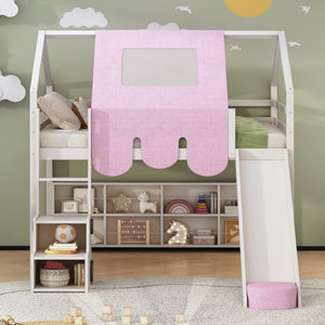 English Elm Full Size Kids House Loft Bed Pinewood Frame with Tent Slide and Play Storage White LT000683AAK