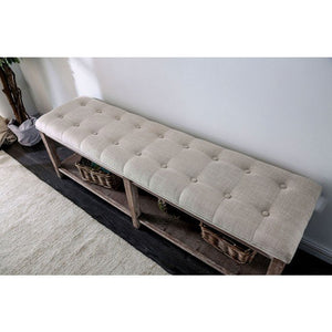 English Elm Rustic Bench with Button-Tufted Cushion, Spacious Open Lower Shelf for Storage and Entryway Use Beige 62 L x 18 W x 8 H B2741P345167
