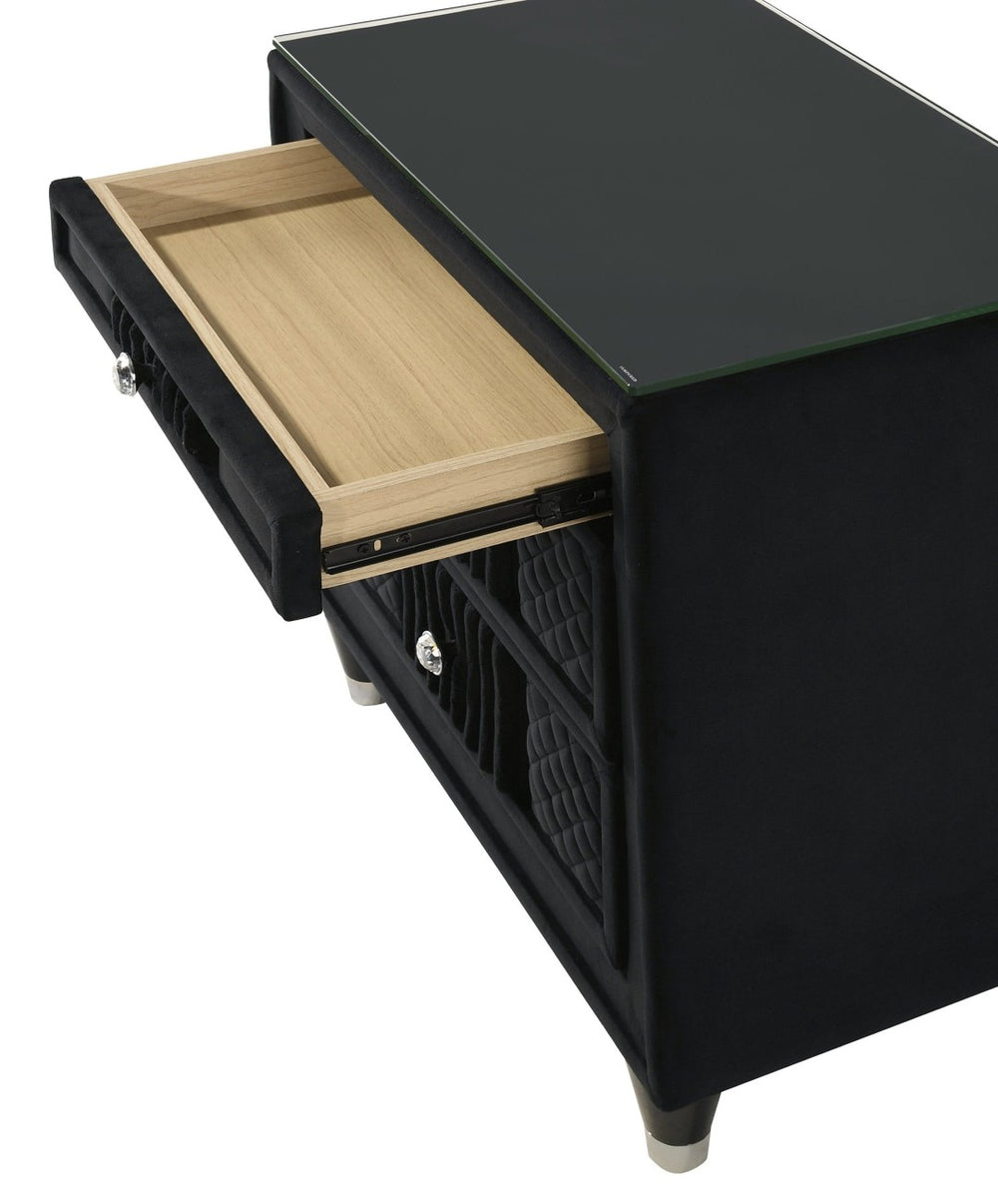 English Elm Contemporary Black Velvet Nightstand Quilted Drawers Crystal Knobs Glass Top Glam Bedroom B2741P457639