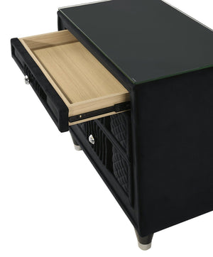 English Elm Contemporary Black Velvet Nightstand Quilted Drawers Crystal Knobs Glass Top Glam Bedroom B2741P457639