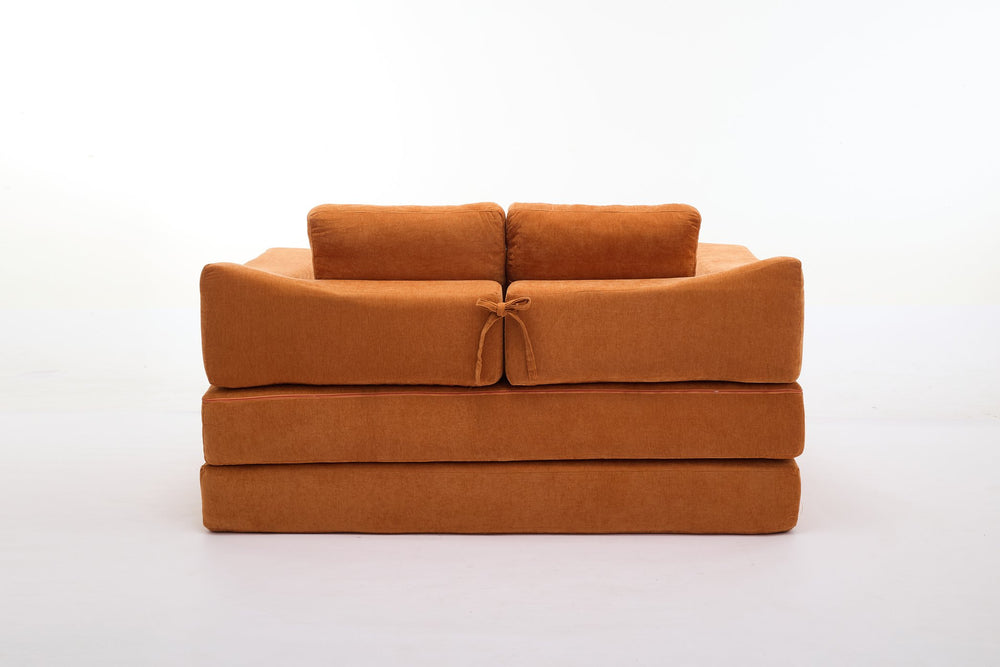 English Elm Modern Minimalist Sofa Fold-Out Convertible Floor Couch Bed with Removable Backrest Chenille Orange, Modular Comfort and Side Pockets W1829P186302