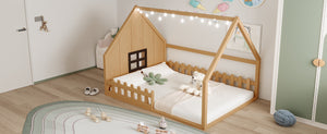 English Elm Full House Bed Frame with Window & Fence Playhouse Design, Sturdy Pine/MDF, Safe 400lb Capacity Natural N709P215545N