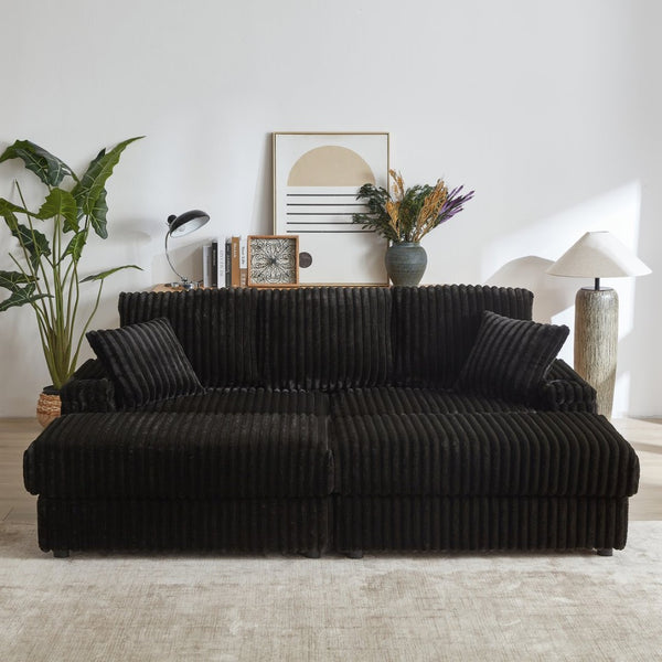 English Elm 84inch Corduroy Deep Seat Three Person Sofa with Storage Ottomans for Living Room Black W834S00566