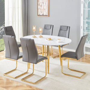 English Elm Table and 6 Chair Extendable Mdf Dining Set with Gold Arched Legs Modern Style Dark Gray,White+Gold W1151S03948