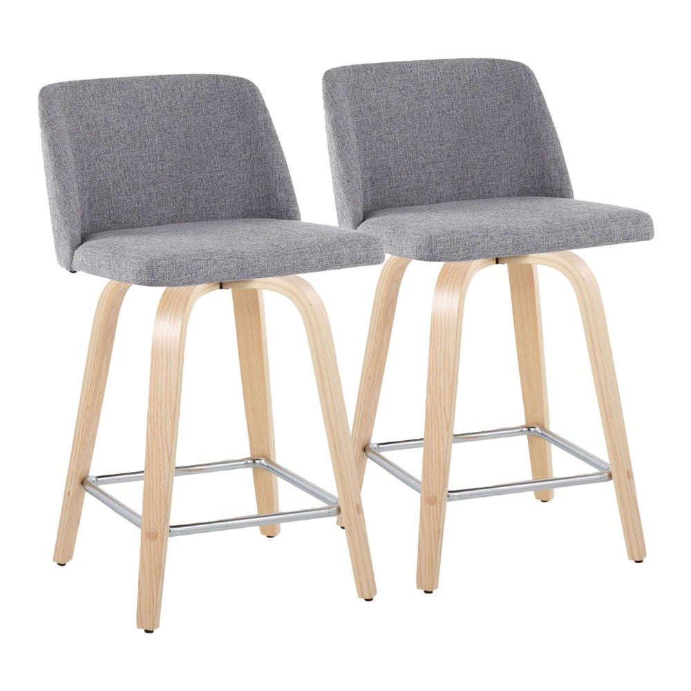 English Elm Toriano 24" Fixed-Height Swivel Counter Stool Set Of 2 In Grey Fabric & Natural Wood With Chrome Footrest B202S00107-GIGA